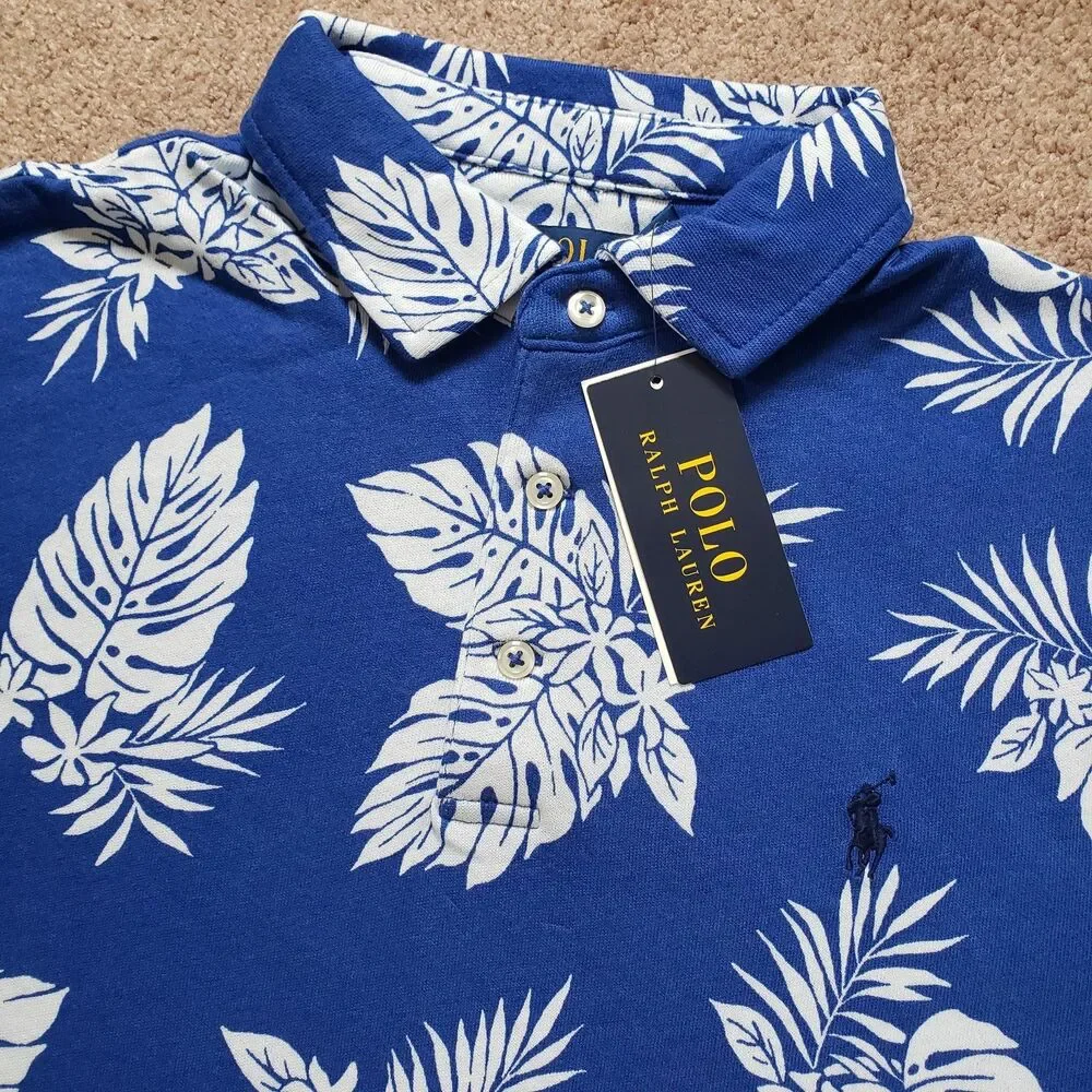 NWT Polo Ralph Lauren Tropical Spa Terry Medium Mens Blue Polo Shirt Monstera